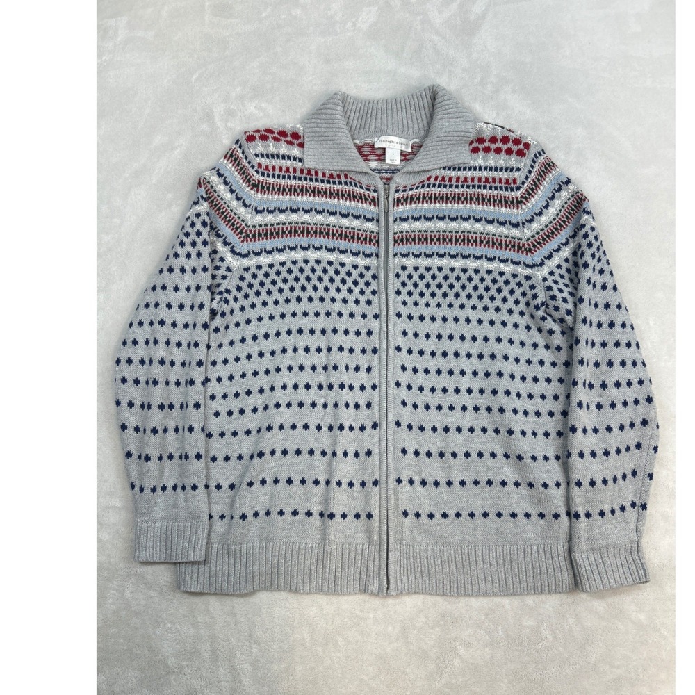 Christopher & Banks Cardigan Sweater Women L Gray Fair Isle Full Zip Cotton